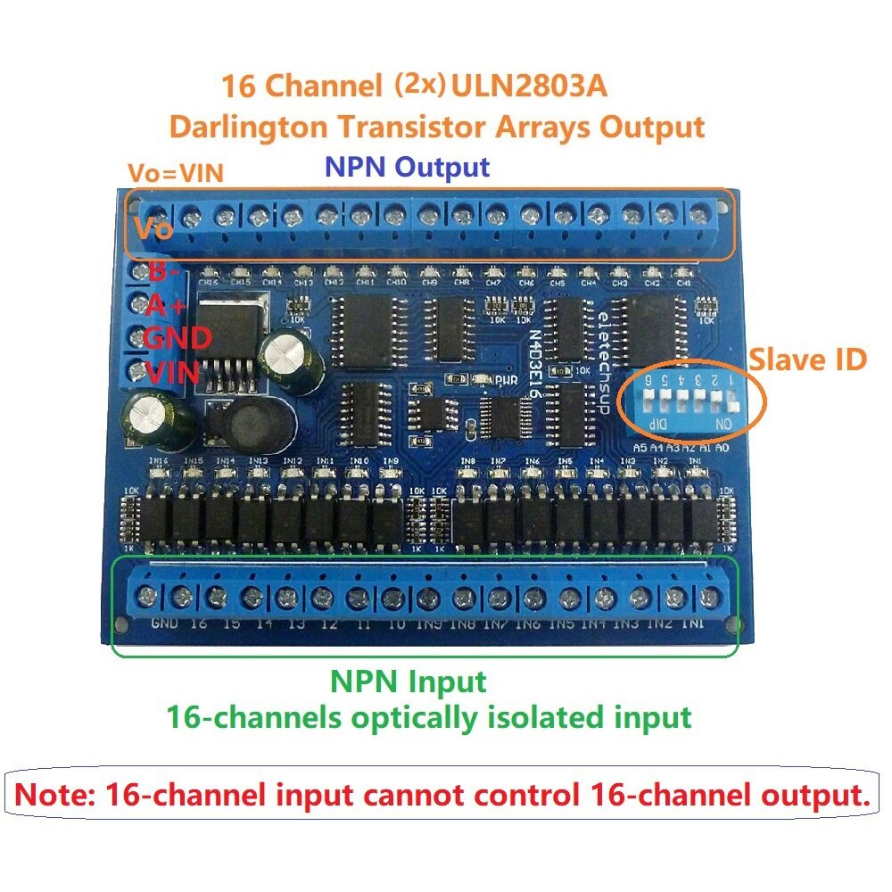 DC 6.5-30V 16CH RS485 Input Output Port Remote Control Switch PLC IO Expansion Board DIN35 Modbus RTU NPN Low Level Module