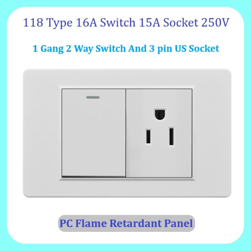 LSG Type 118mm wall switch outlet socket 3 pin US standard socket with 1 gang 2 way light switch Panel PC flame retardant 250V 15A Household Safety Universal outlet