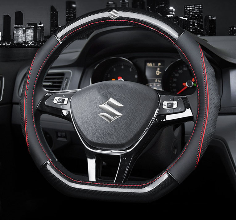 Suzuki Car Steering Wheel Cover (D Shape Red Lining) Leather Carbon Fiber Non-slip No Smell Thin Suitable for All Suzuki Cars 38CM