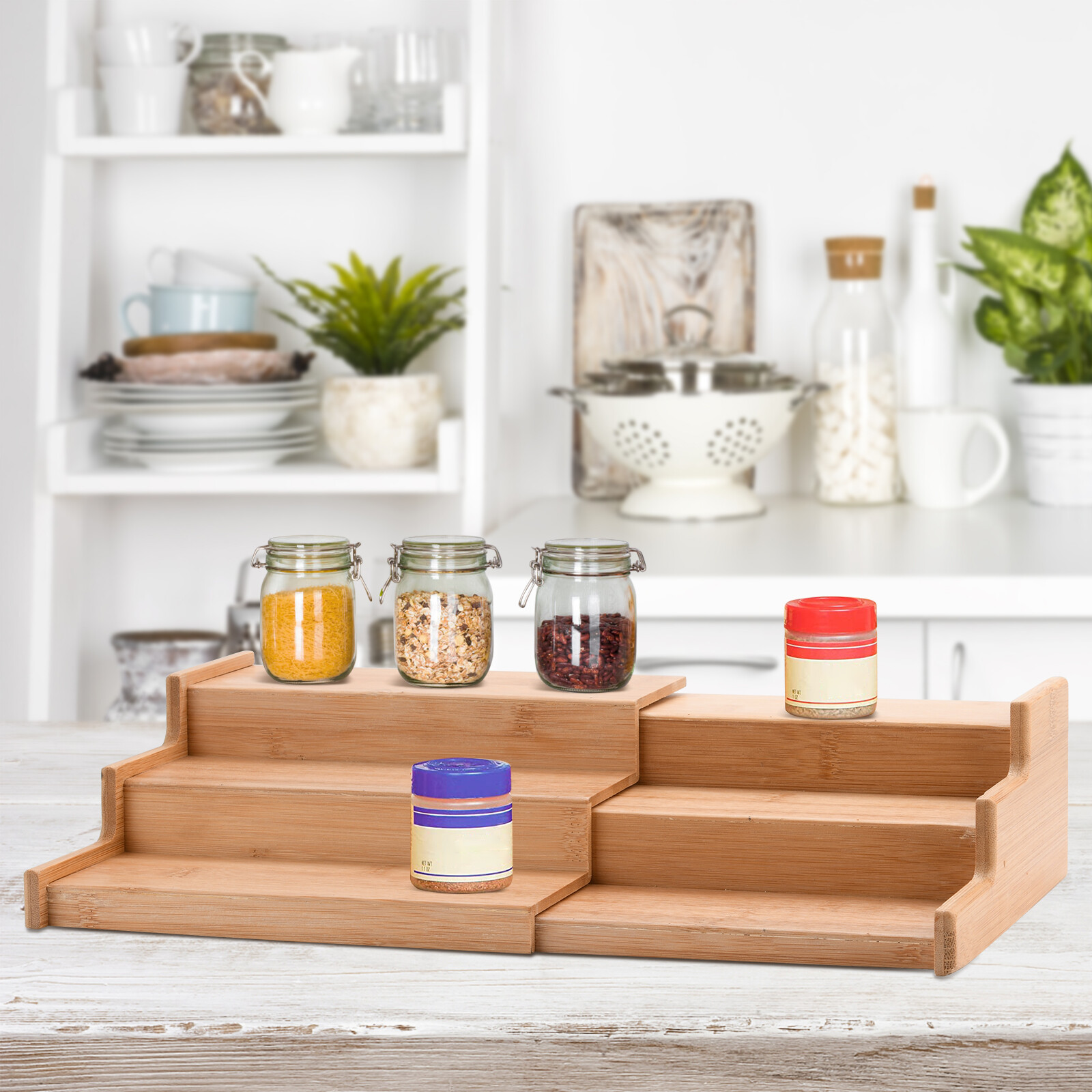 3-Tier Spice Shelves Double Layers Wood Storage Rack Expandable Organizer Kitchen Cabinet Spice Rack Book Seasoning Jar Bottle Holder Desktop Shelves Home Storage Dressing Table Shelf