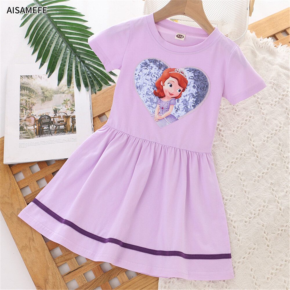 AISAMEFE Summer Kids Clothes Elsa Dress Frozen 2 Princess Girl Dress Cartoon Printed Love Sequins Princess Dress European Style Casual Fashion Cotton School Holiday Party Children Girls Clothes