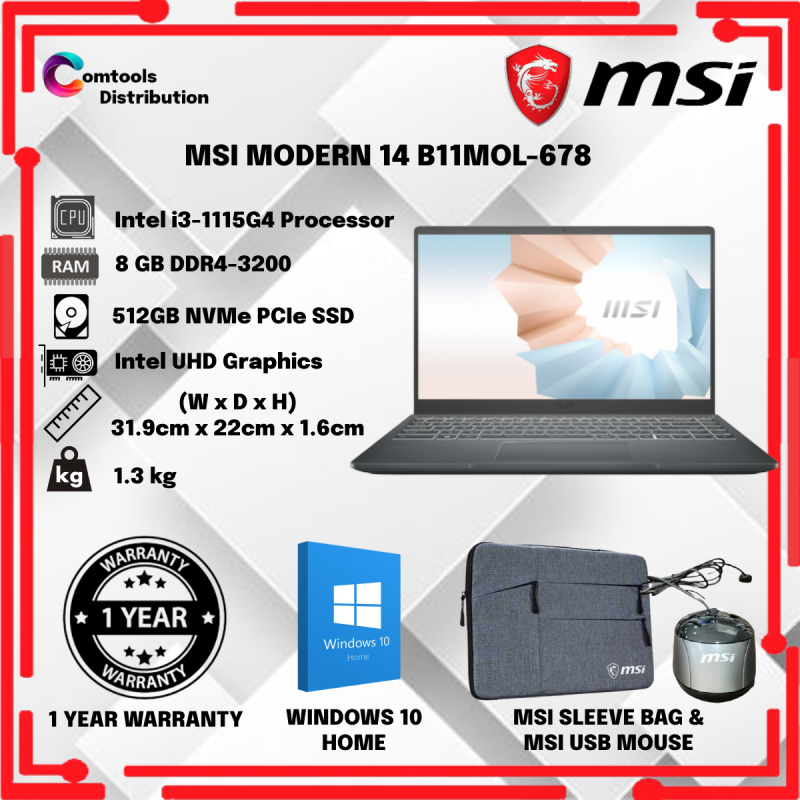 MSI MODERN 14 B11MOL-678 LAPTOP (i3-1115G4/8GB/512GB SSD/14 FHD/INTEL UHD GRAPHICS/W10/1YR) Malaysia