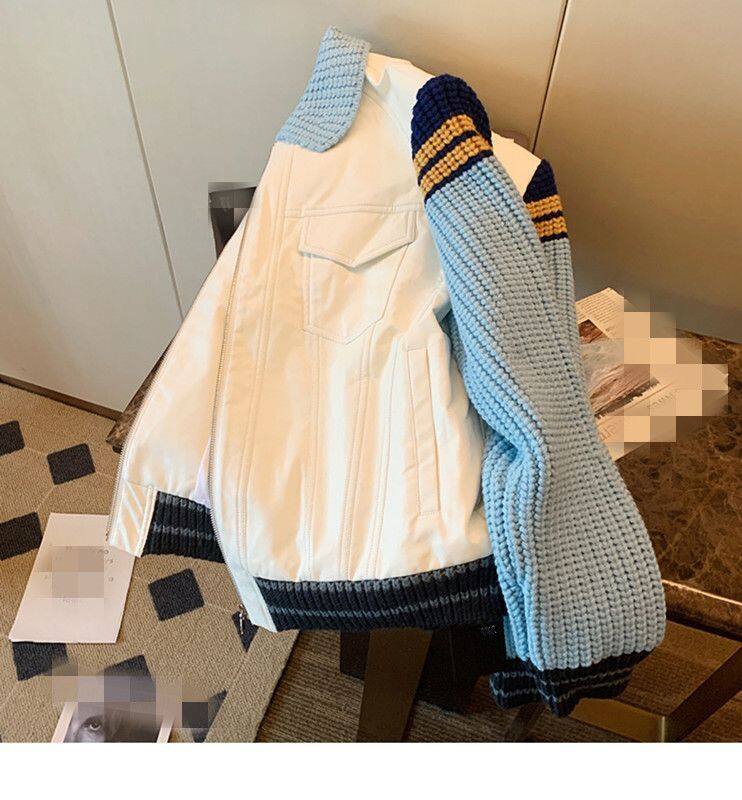 Sweater Patchwork Denim Jacket Women's Lapel Jacket Retro Baseball Uniform New Fall 2022 Casual Oversize Outwear for Female