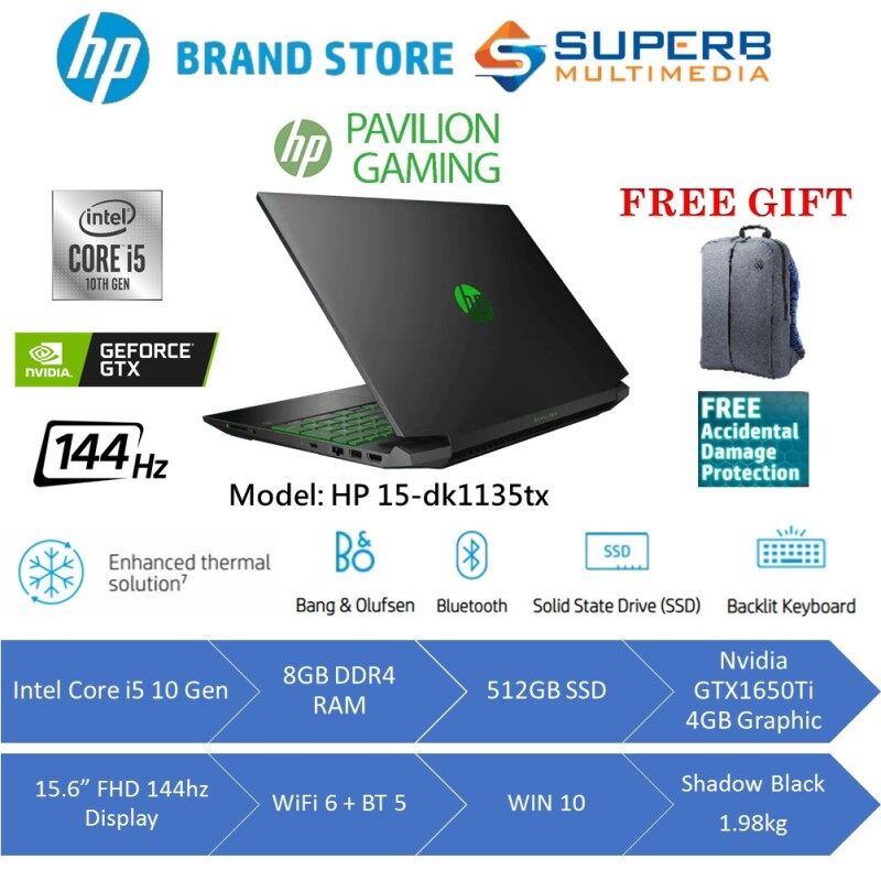 HP Pavilion Gaming 15-dk1135tx Laptop (Intel core i5, 8gb ram, 512gb ssd, Nvidia GTX1650Ti 4gb, 15.6 FHD 144hz, win10, black) Malaysia