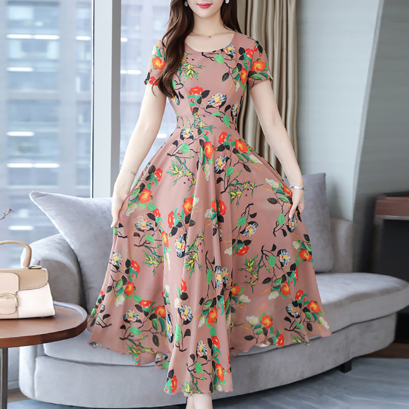 Women's Casual Dress Elegant Long Dress Korean Style Ladies Round neck Floral Print Short Sleeve Dress