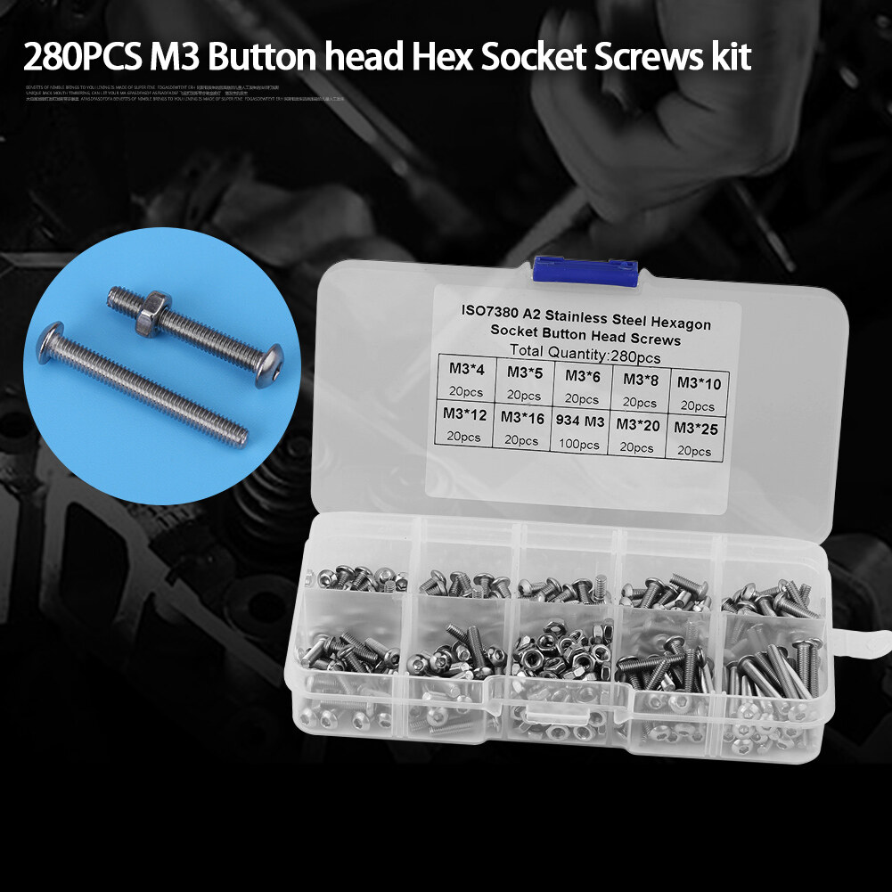 M3 button head screws kit m3x4/5/6/8/10/12/16/20/25 stainless steel button head hex socket screws nuts machine home fastener tools with plastic case for machinery industry