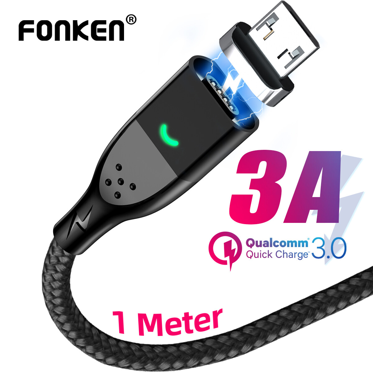 Fonken Micro USB Cáp Sạc Nam Châm 3A Điện Thoại Android Cáp Sạc Nam Châm Sạc Nhanh Dây Sạc USB Di Động Dây Sạc Nhanh