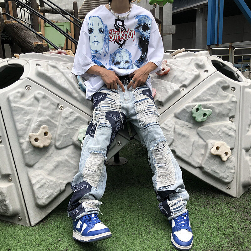 FOG Men's Ripped Jeans Tide Brand High Street Hip-hop Trousers Straight Loose Ripped Denim Trousers American Style