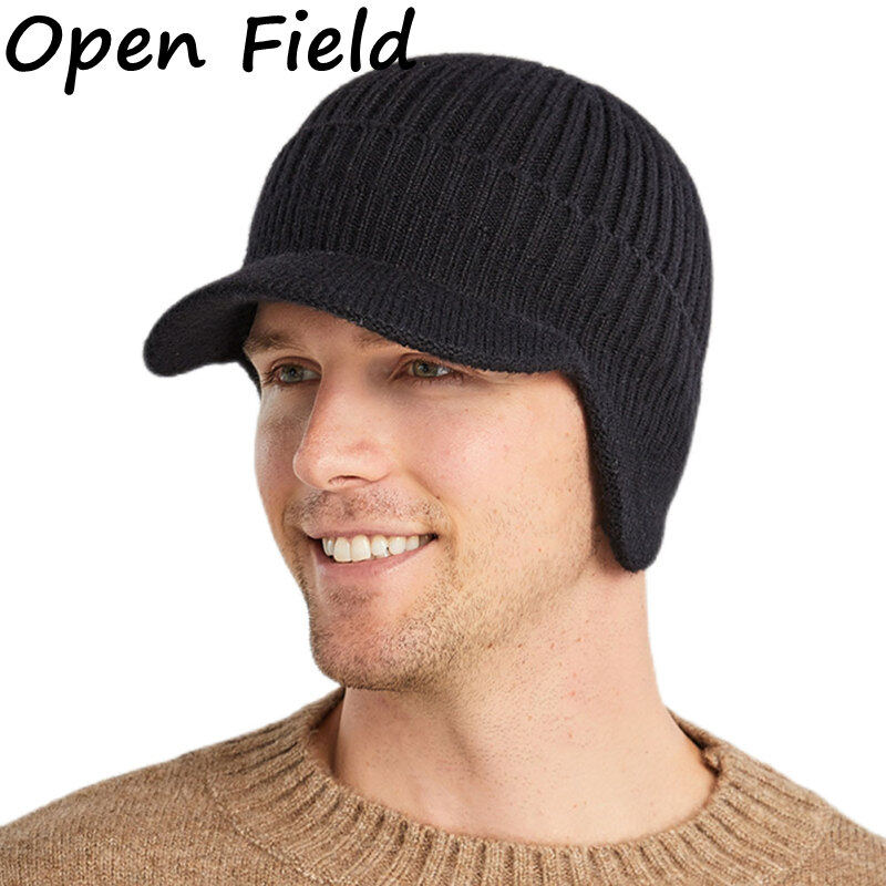 Field Men Winter Knitted Hat Outdoor Warm Thickened Windproof Ear Protection Cap Short Brim Solid Color Hat