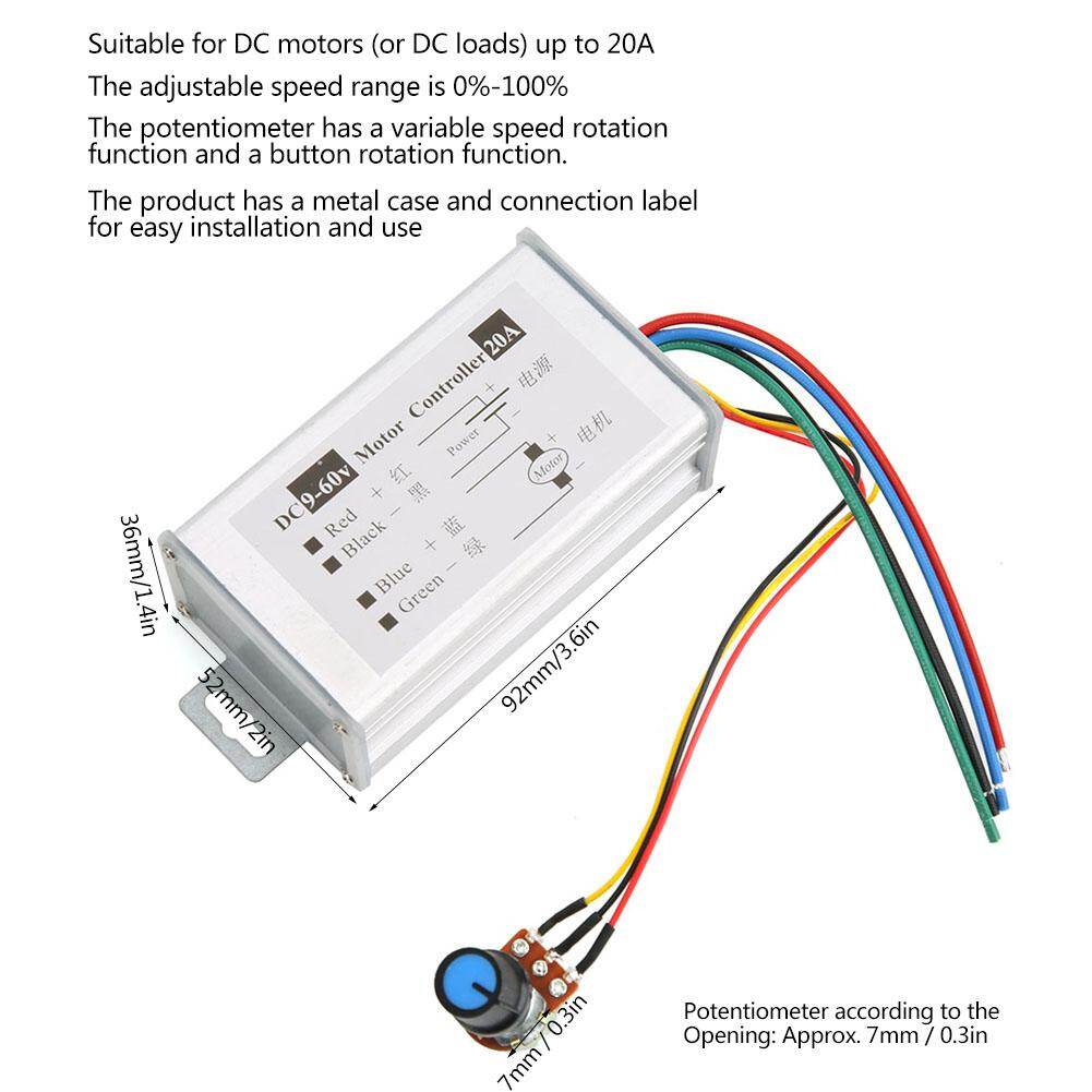 Bộ Điều Khiển Tốc Độ Động Cơ Công Tắc Điều Khiển Chiết Áp PWM Biến Tốc Độ 20A 9V12V24V48V60V
