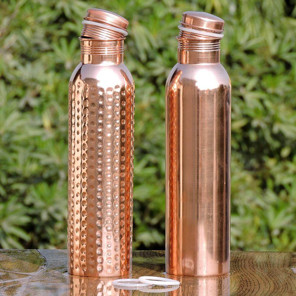 Pure Copper Water Bottle For Ayurveda Health Benefits Leak Proof Set of 02 New