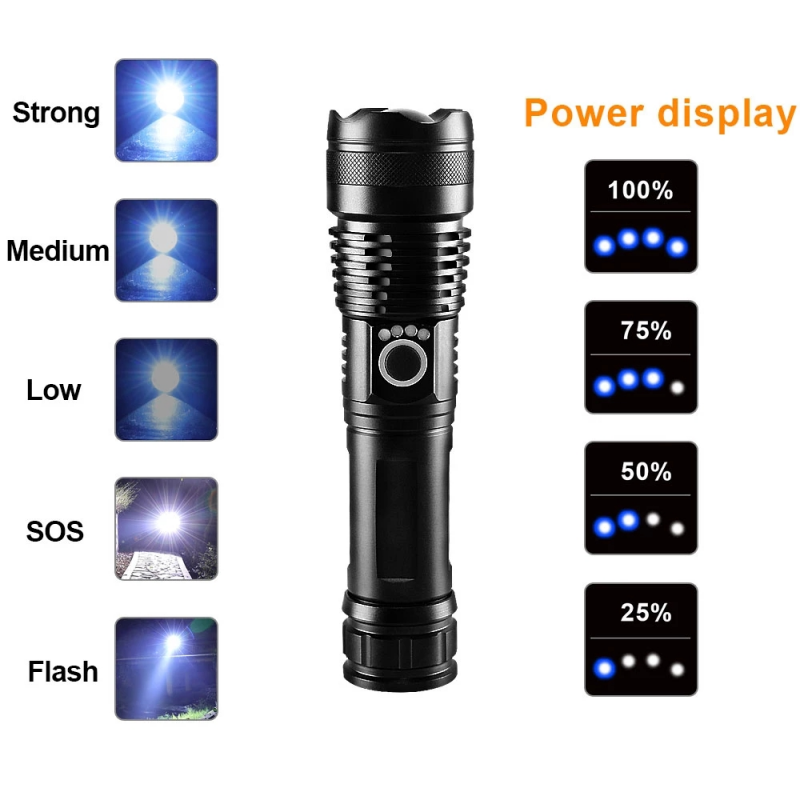 Đèn Pin LED XHP50 Mạnh Mẽ, Đèn Pin Sạc USB 5 Chế Độ Đèn Tập Trung Thu Phóng Được, Không Thấm Nước Đèn Pin Chiến Thuật Đi Bộ Đường Dài Ngoài Trời/Đạp Xe/Cắm Trại
