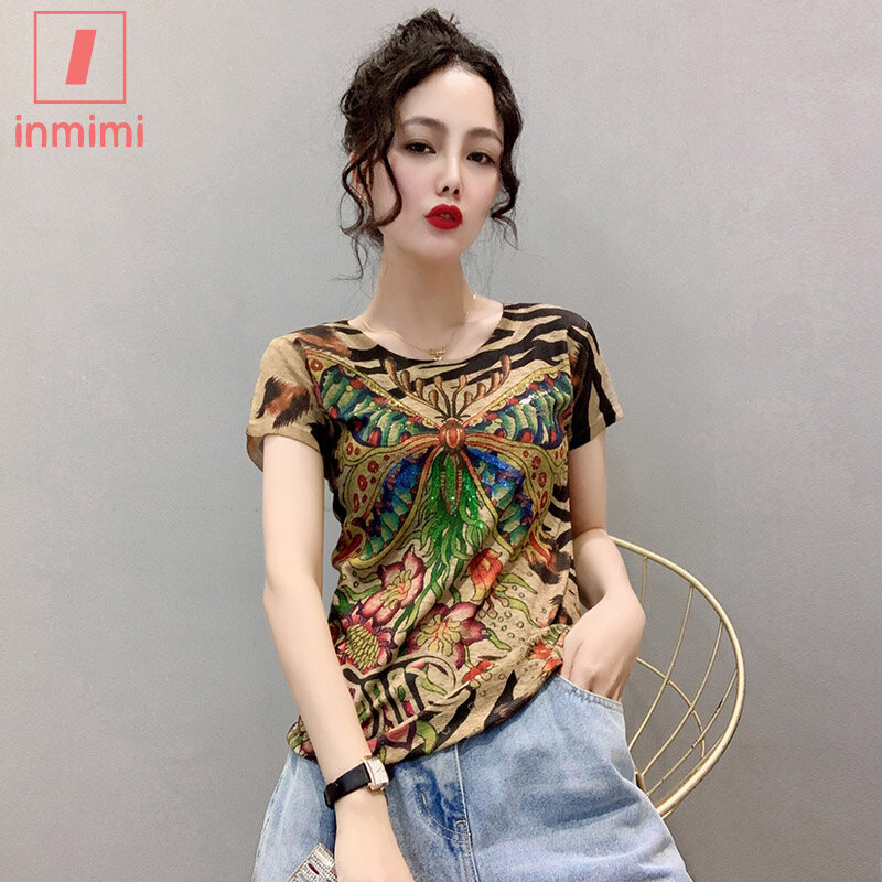 REHIN Hot Gold Short Sleeve Print T-shirt Round Neck Slim Fit Women Blouse New Summer Cotton Tops