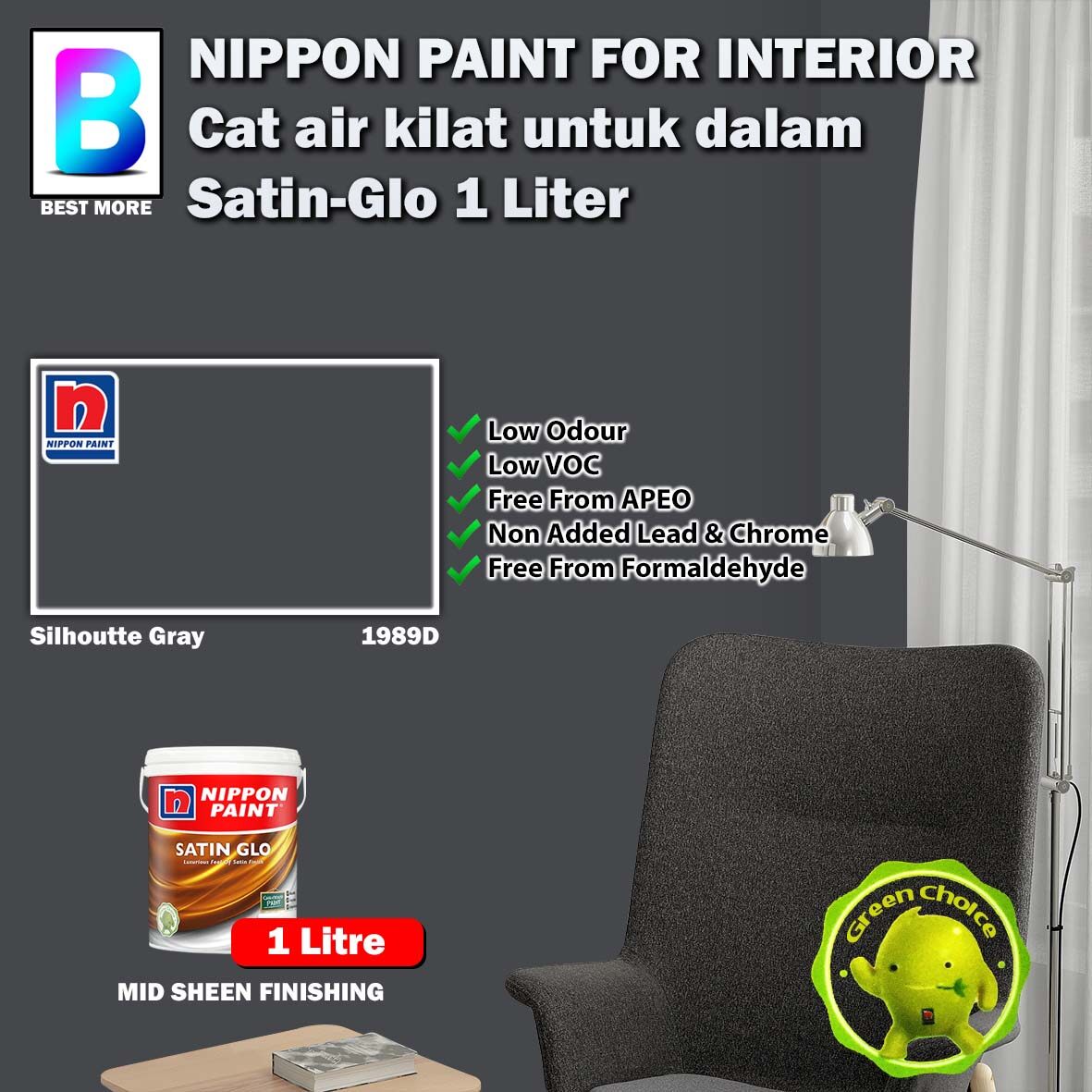 Nippon Paint Paint for Interior SatinGlo 1 & 5 Litre Silhoutte Gray