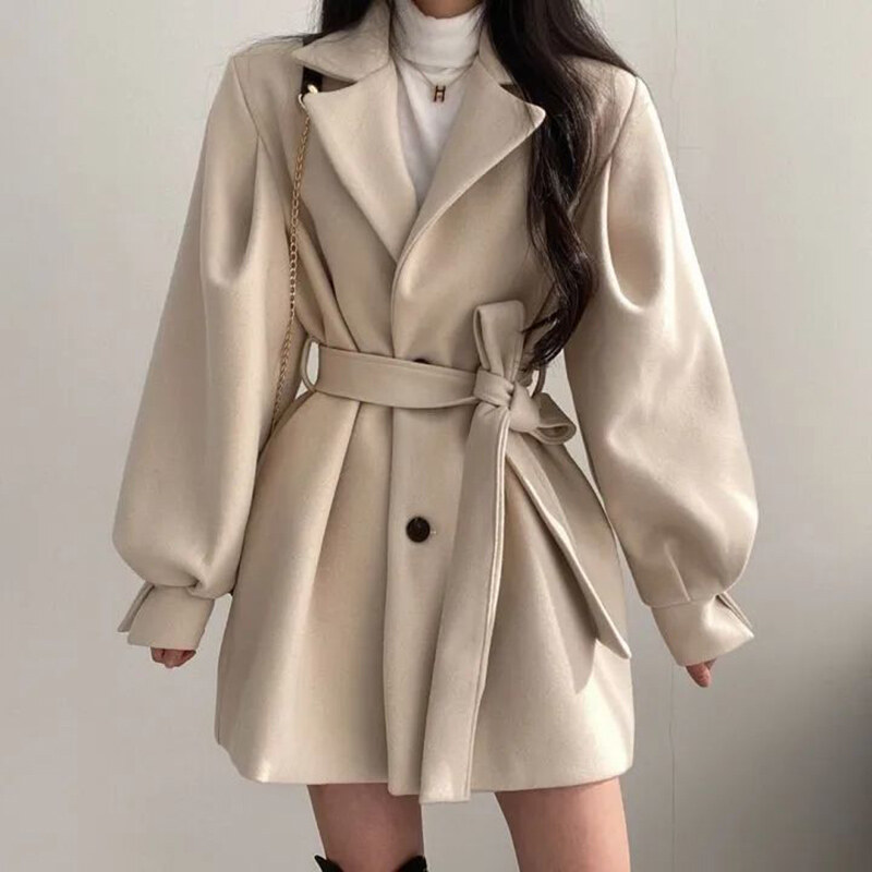 Women's Clothing Coats Jackets Wool Blends Chic Belt Lace Up Waist Slim Lapel Two Button Lantern Sleeve Woolen Coat
