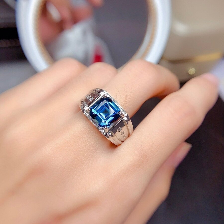 Trang Sức Thời Trang Nam Đính Đá Sapphire Ngày Sinh Tháng 9 Nhẫn Cưới Bằng Thép Titan Màu Bạc