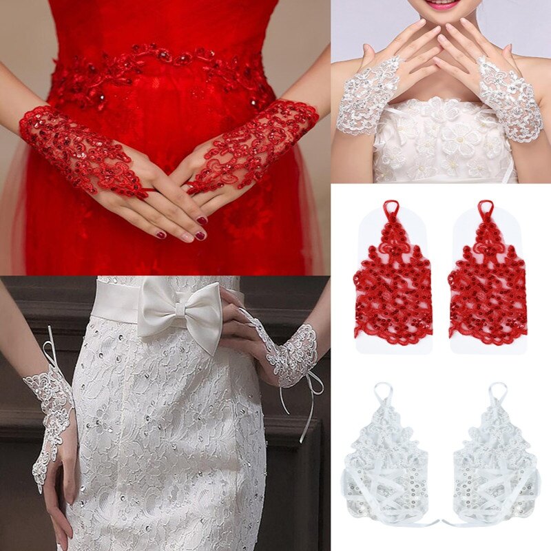 Găng Tay Cô Dâu Đính Ren Trắng Găng Tay Cô Dâu Hở Ngón, Phụ Kiện Đám Cưới