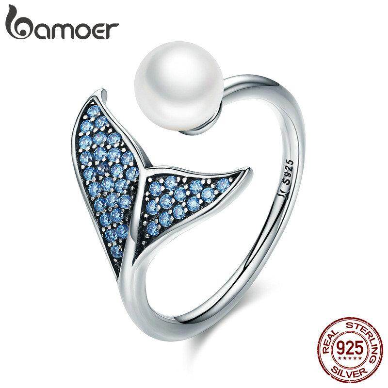 BAMOER Free Shpping Authentic 925 Sterling Silver Adjustable Dolphin Tail Blue CZ Finger Rings for Women Sterling Silver Jewelry Gift SCR286