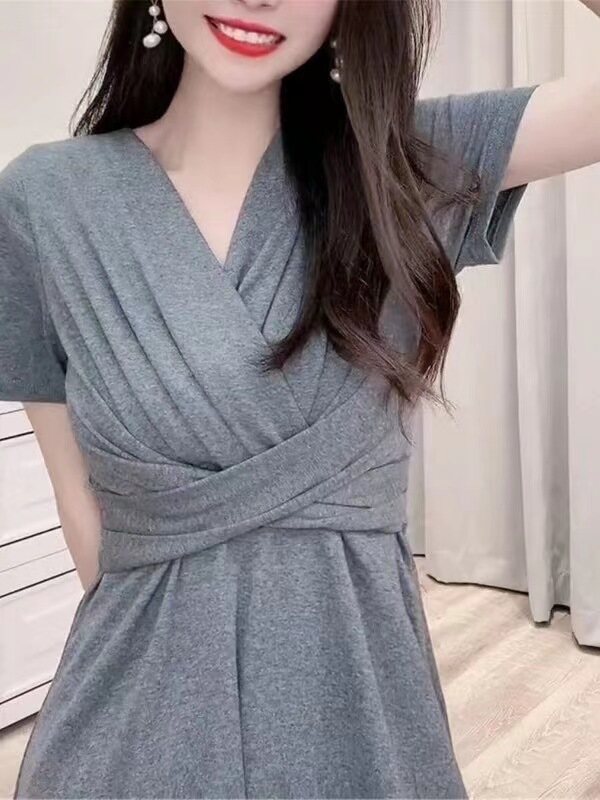 LOMOGI Đầm Nữ Cổ Chữ V Màu Trơn Thanh Lịch