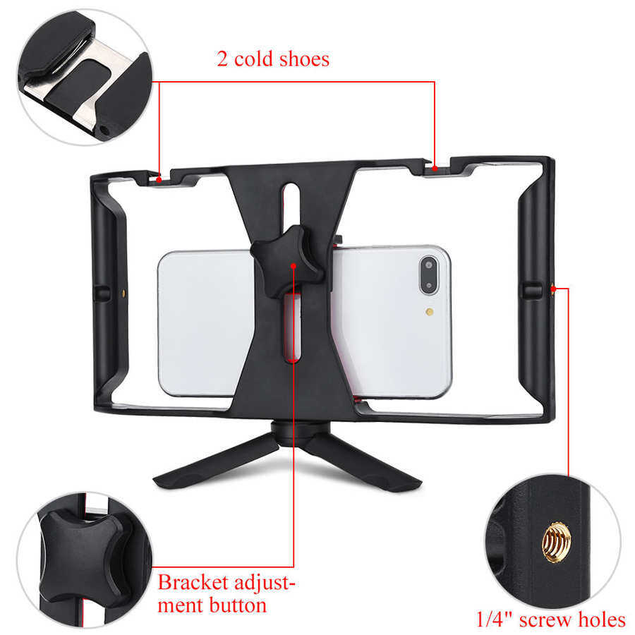 Dual Hanlde Adjustable Handheld Phone Stabilizer Smartphone Video Rig Hand Grip Filmmaking Case with 1/4in Screw Cold Shoe Mount