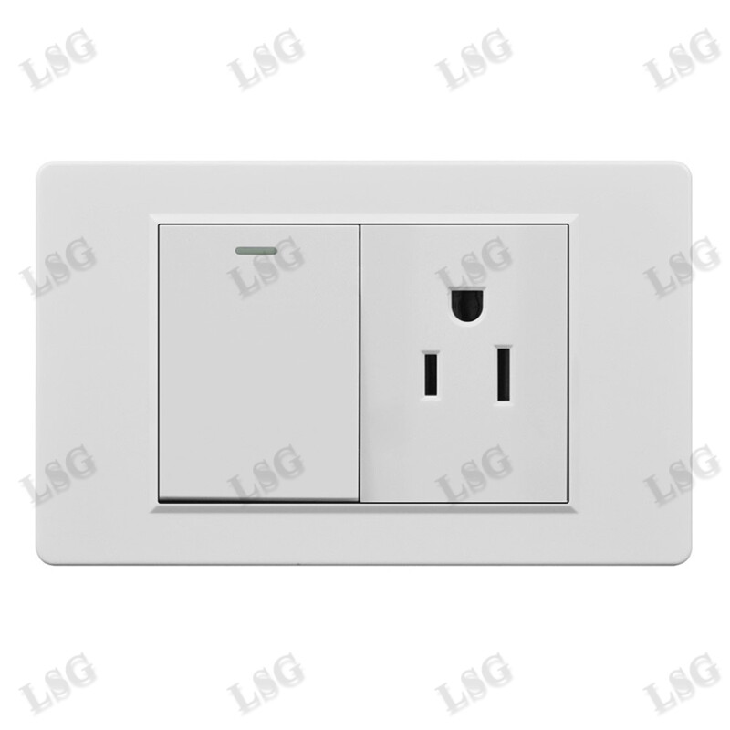 【LSG】Type 118mm wall switch outlet socket 3 pin US standard socket with 1 gang 2 way light switch Panel PC flame retardant 250V 15A Household Safety Universal outlet