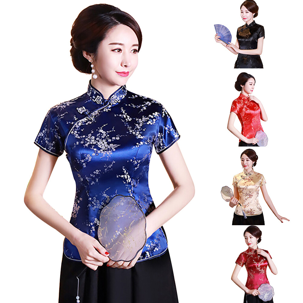 Benferry Women Chinese Plum Blossom Short Sleeve Stand Collar Buttons Slim Cheongsam Blouse Shirt