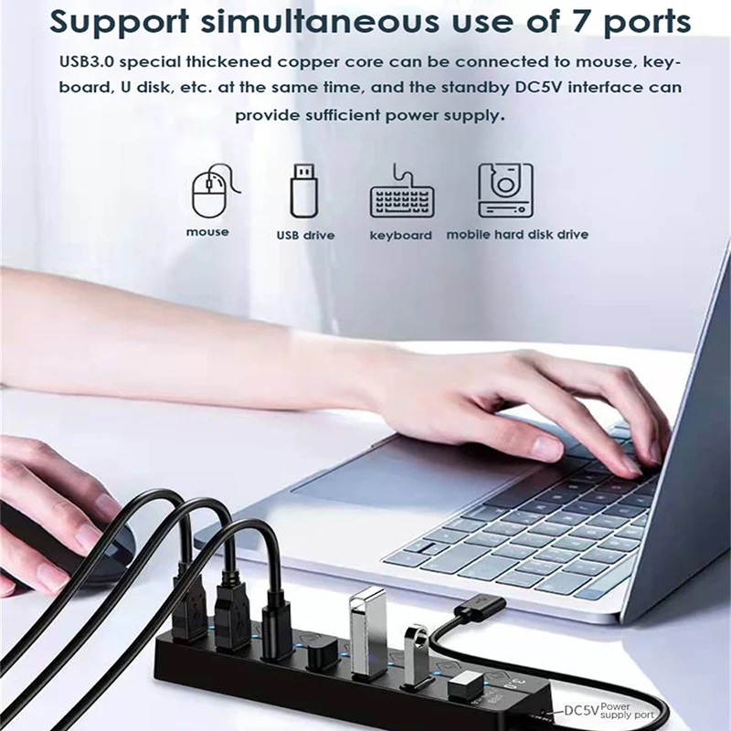 Ecily USB 3.0 Bộ chuyển đổi điện 7 cổng bộ chia USB đa tuyến Hub Hub USB nhiều Expander chuyển 30cm Bộ chia cáp Trạm Sạc