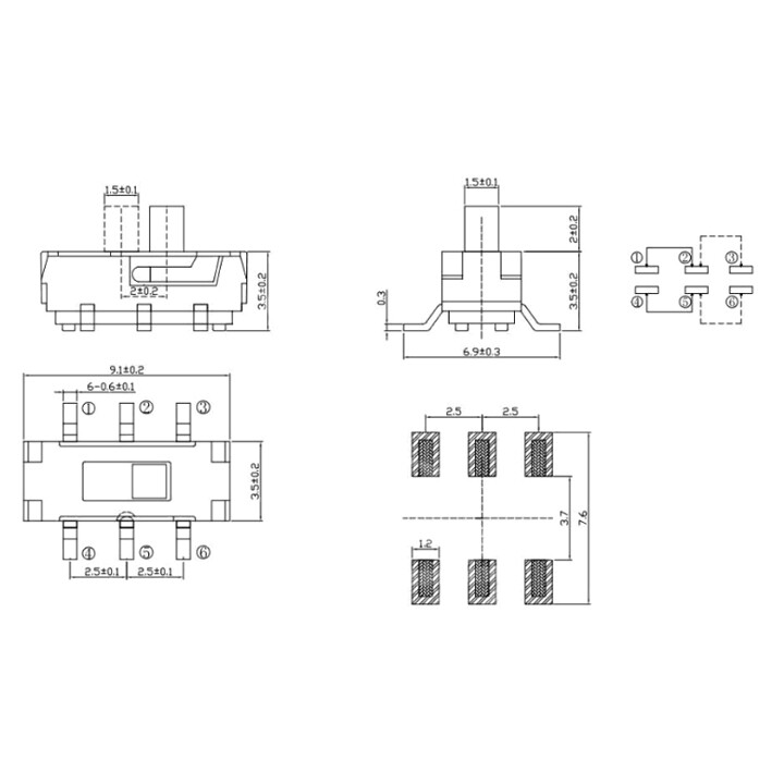 Công Tắc Gạt MSS 22D18G2 - 2P2T 6 Chân Dán