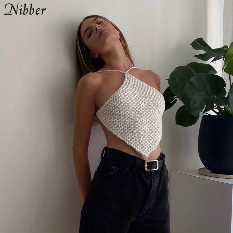 Áo Hở Eo Dệt Cổ Treo Hở Lưng Áo Ba Lỗ Kiểu Gothic Đường Phố Áo Hai Dây Hoạt Động Thường Ngày Cho Nữ