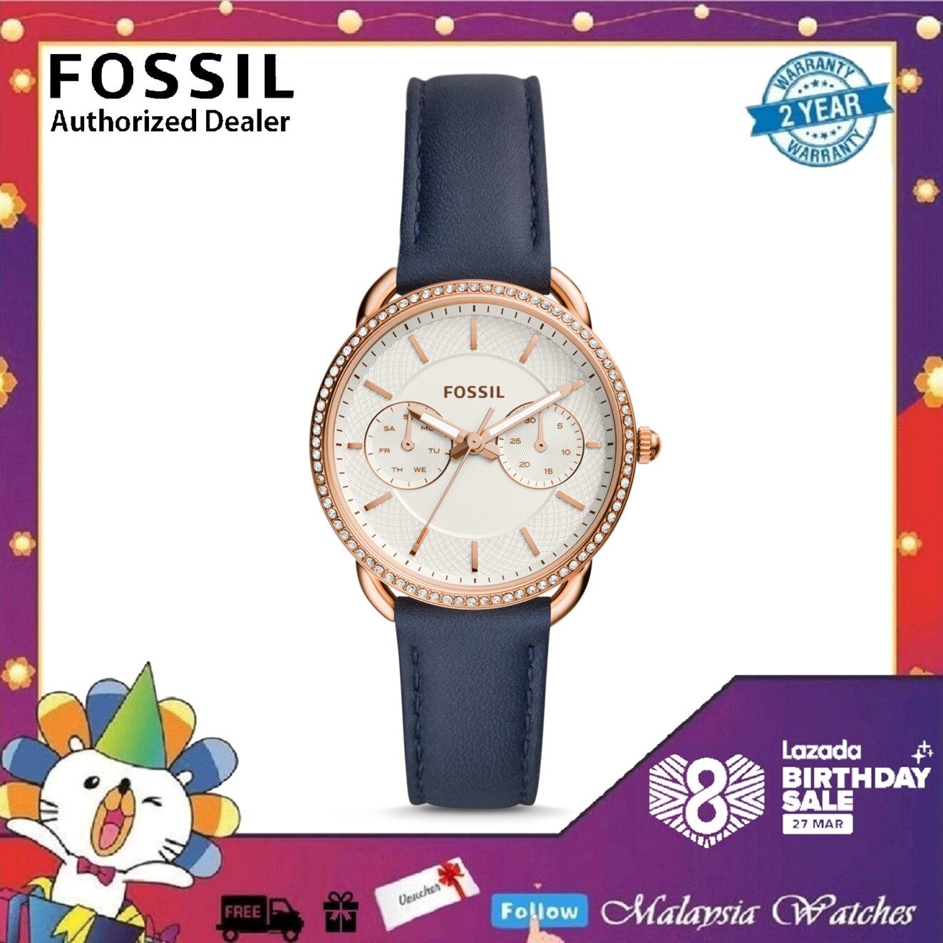 (OFFICIAL WARRANTY) Fossil Women ES4394 Tailor Multifunction Navy Leather Watch (Navy Blue)