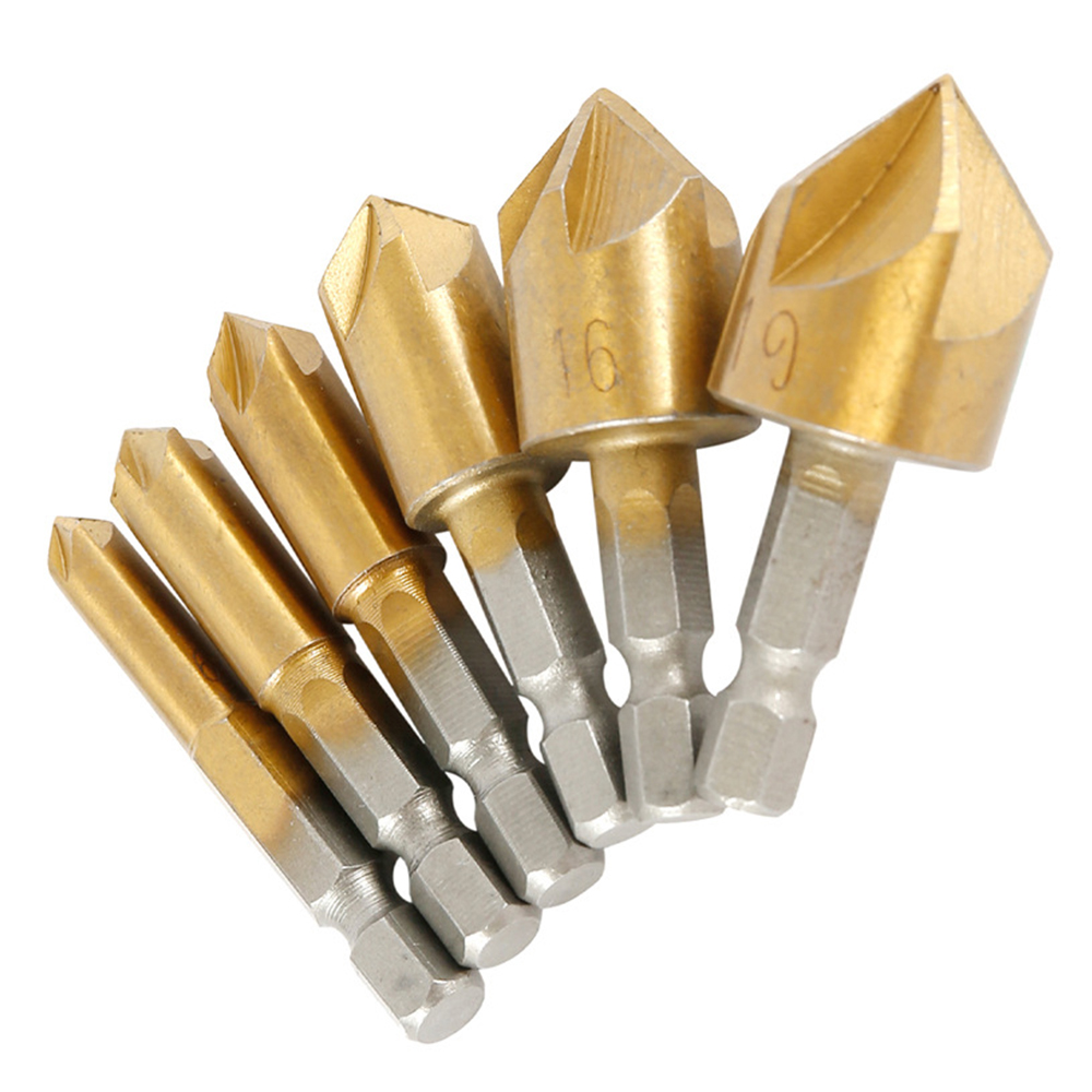 KKmol 6pcs Countersink Drill Bit Set 1/4'' Hex Shank HSS 5 Flute Countersink 90 Degree Wood Chamfering Cutter Chamfer 6mm-19mm