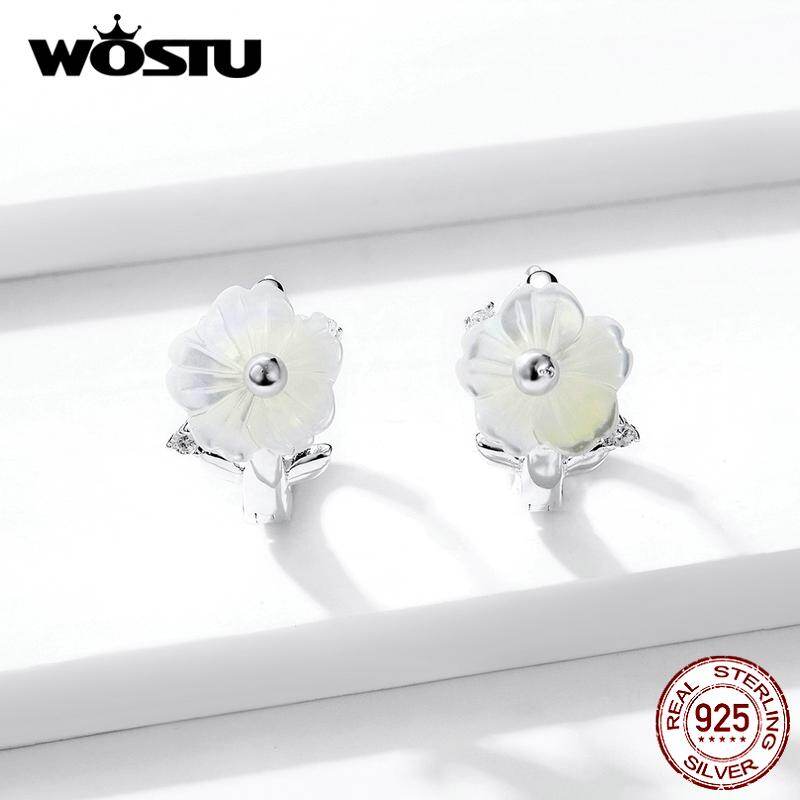 WOSTU Silver 925 Jewelry White Shell Flower Tiny Hoop Earrings for Women Elegant Female Jewelry Accessories Gifts ZBBSE321 Nov1