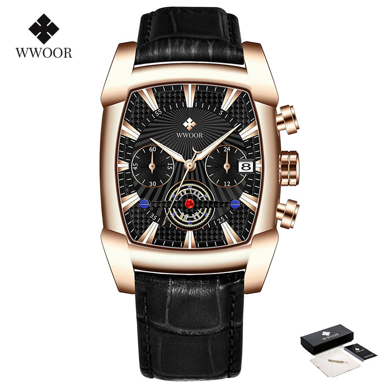 WWOOR Watch For Men Sports Stainless Steel Water Proof Chronograph Square fashion original Business watches For Free Box-8843