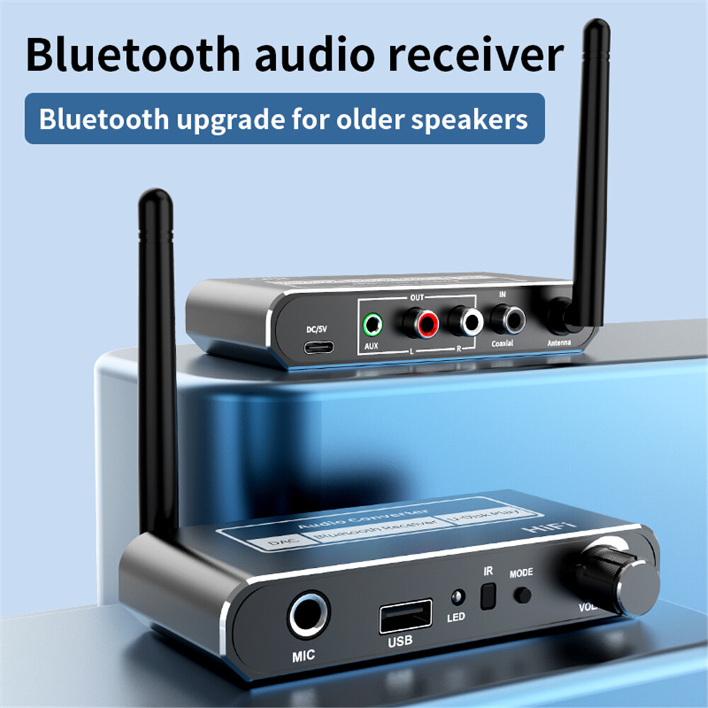 Wireless DAC Converter Bluetooth-compatible 5.2 Receiver Audio Coaxial to R/L 3.5mm Aux Adapter with U Disk Play Mic IR Remote Control