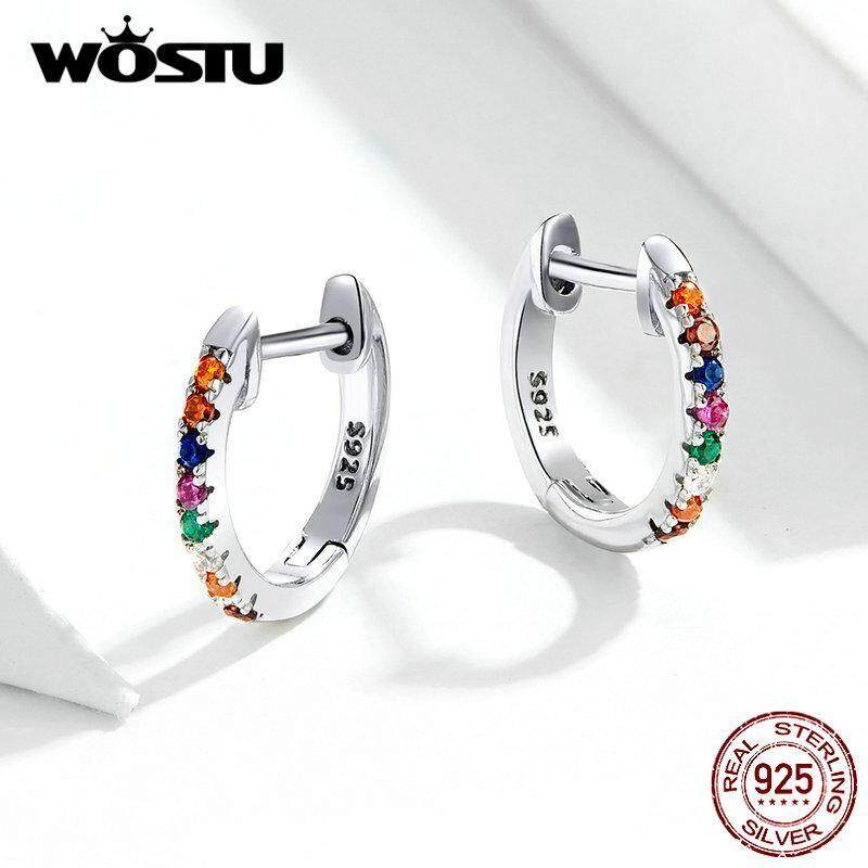 Wostu Real 925 Sterling Silver CZ Cầu Vồng Tình Yêu Khuyên Tai Tròn Cho Nữ Phụ Nữ Tinh Tế Trang Sức Thời Trang Nhỏ Bé Berloque Tháng 9