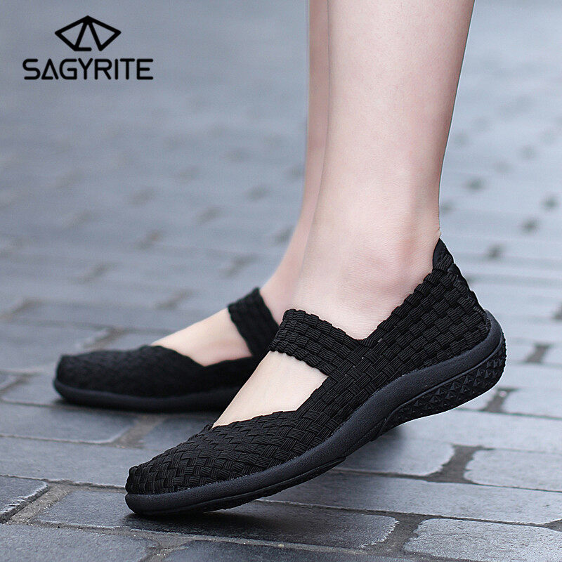 SAGYRITE Sneakers Loafers for Women Weaving Shoes Black Dancing Shoes for Women Flats Shoes Hand Woven Shoes Women