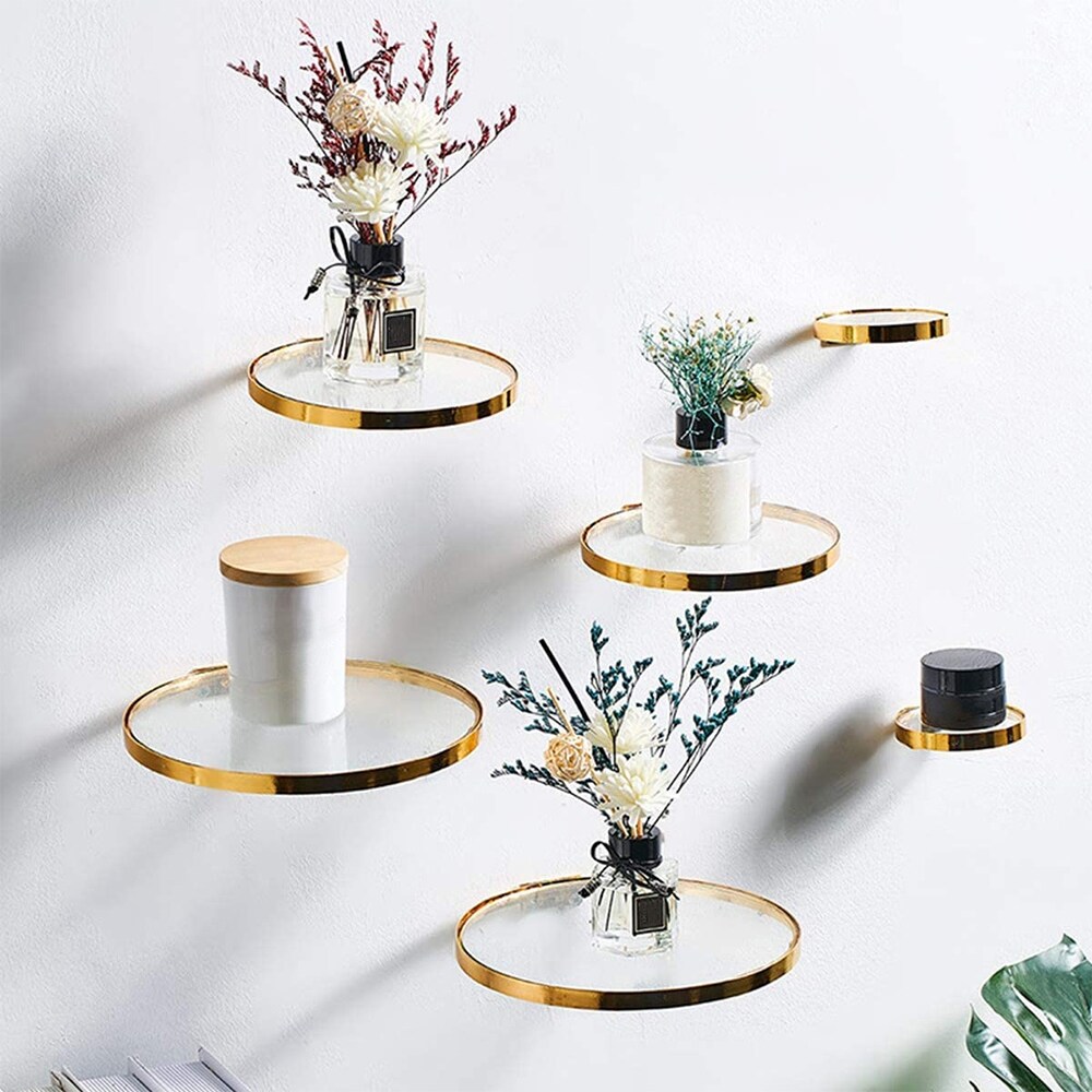 Golden Glass Wall Mounted Floating Shelf Rack Candles Display Organizer Living Room Decor Kitchen Hanging Shelf Plant Pot Holder