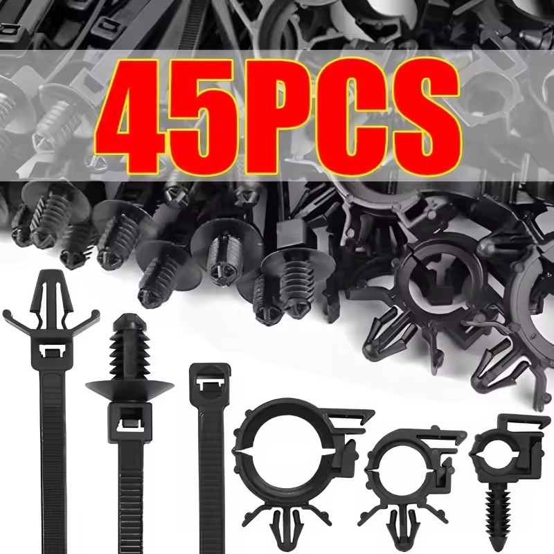 45-Piece Push Mount Cable Tie Kit – Assorted Zip Ties & Wire Harness Clips For Car Wiring, Home, Office, Garden & Workshop Organization
