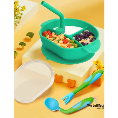 READY STOCK Baby Food Grade Silicone Suction Bowl Feeding with Straw & Lids for Kids Toddlers Mangkuk Kanak-kanak
