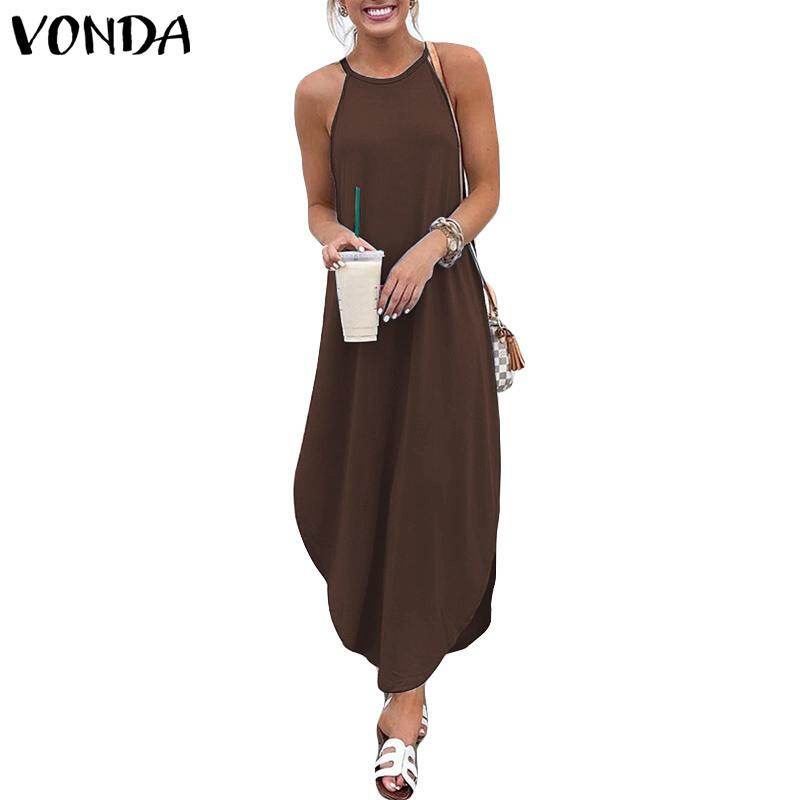 VONDA Women Spaghetti Strap Sleeveless Loose Baggy Asymmetrical Plus Maxi Tank Dress