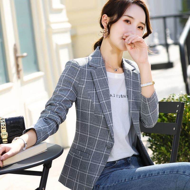 Kayleigh Plaid Suit Female Summer Long Korean-Style Women's Wear Stylish Slim Wild Long Sleeve Blazer Jacket Women Offive Wear