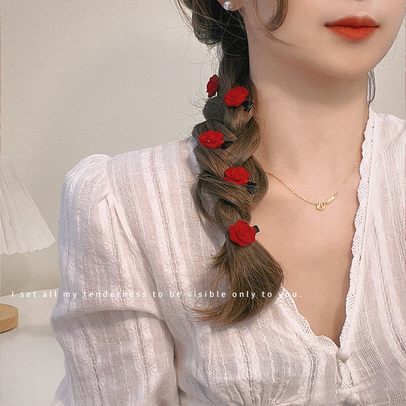 Flocked red rose hairpins
