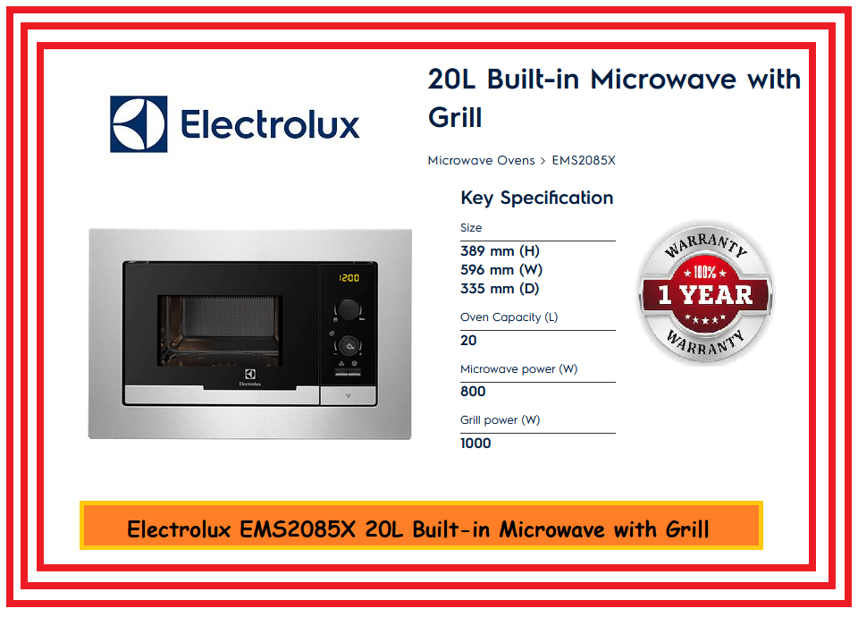 Electrolux EMS2085X 20L Builtin Microwave with Grill Lazada