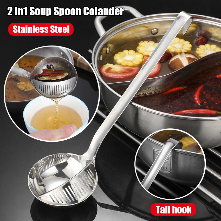 2 In1 Stainless Steel Soup Spoon Ladle Strainer Long Handle Home Cooking Colander Kitchen Porridge Scoop Tableware Utensils Tool