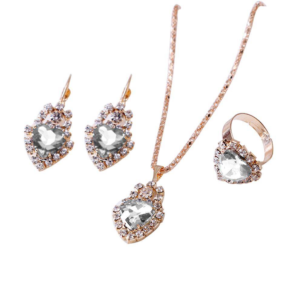 Gravitational wave Women Heart Shape Rhinestone Pendant Necklace Lever Back Earrings Ring Jewelry