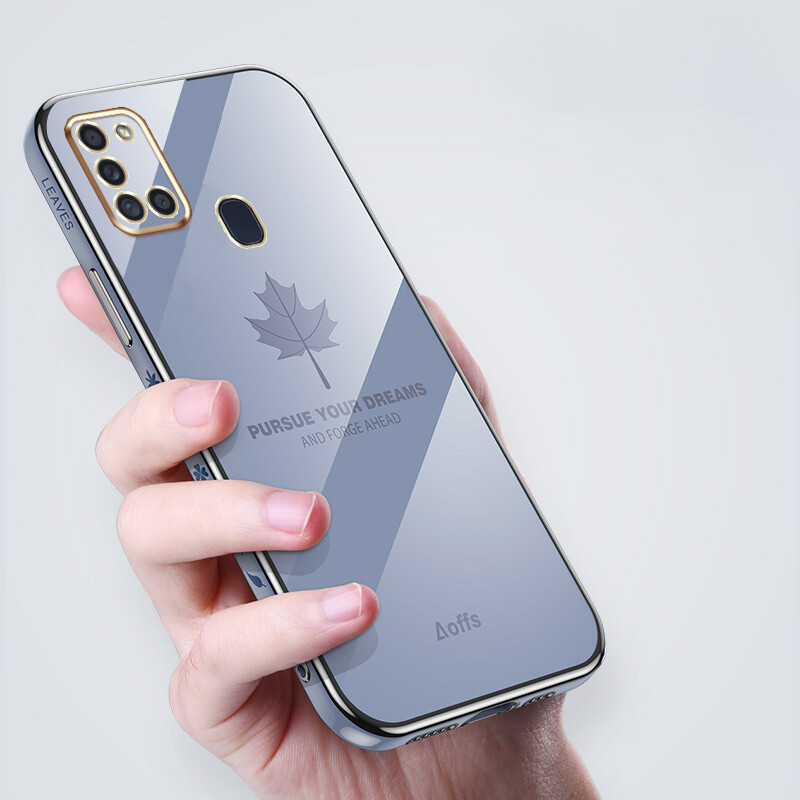 YBD Straight Edge Plating Phone case For Samsung Galaxy A21S casing,Precise Camera Protection case Maple leaf pattern cover with Free lanyard