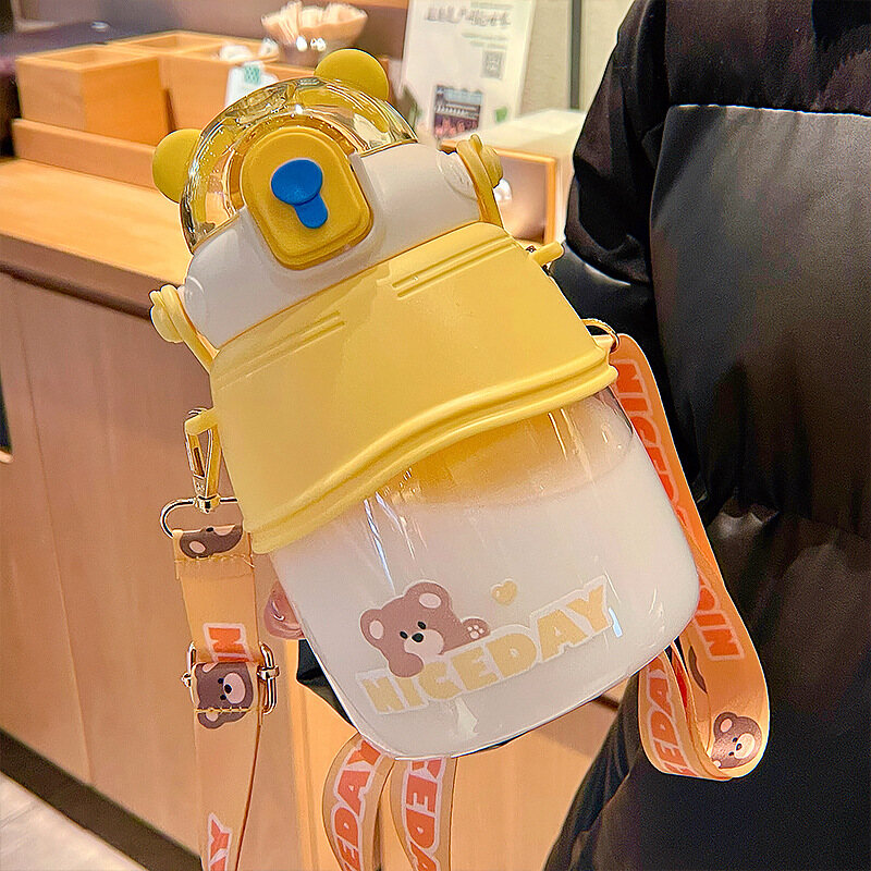 1300ml large capacity cartoon pot belly cup with strap portable outdoor straw kettle hand cup water bottle for kids summer water cup tide cute bottle drink portable botol air shaker bottle OUA937 水壶水瓶