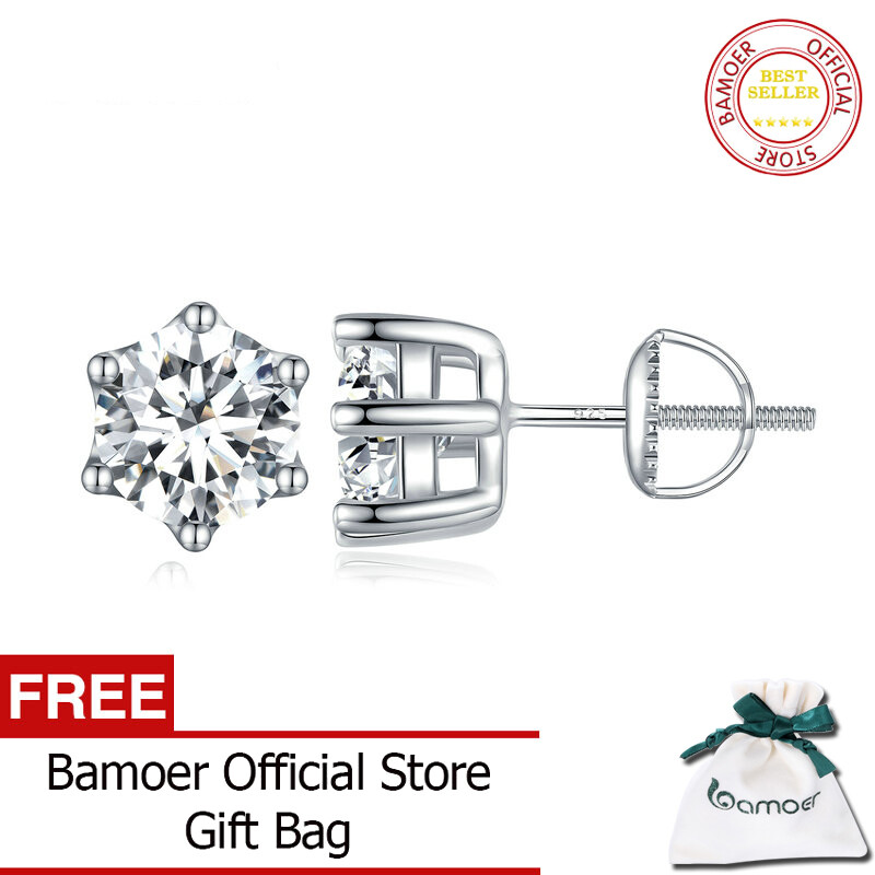 BAMOER 925 Sterling Silver CZ Stud Earrings Platinum Plated Six Prong Round Cubic Zirconia Hypoallergenic Earrings for Women BSE615