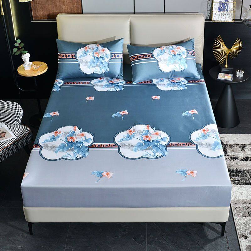 One Piece Ice Silk Fitted Sheet Washable Summer Bed Sheet Double Bed Cover