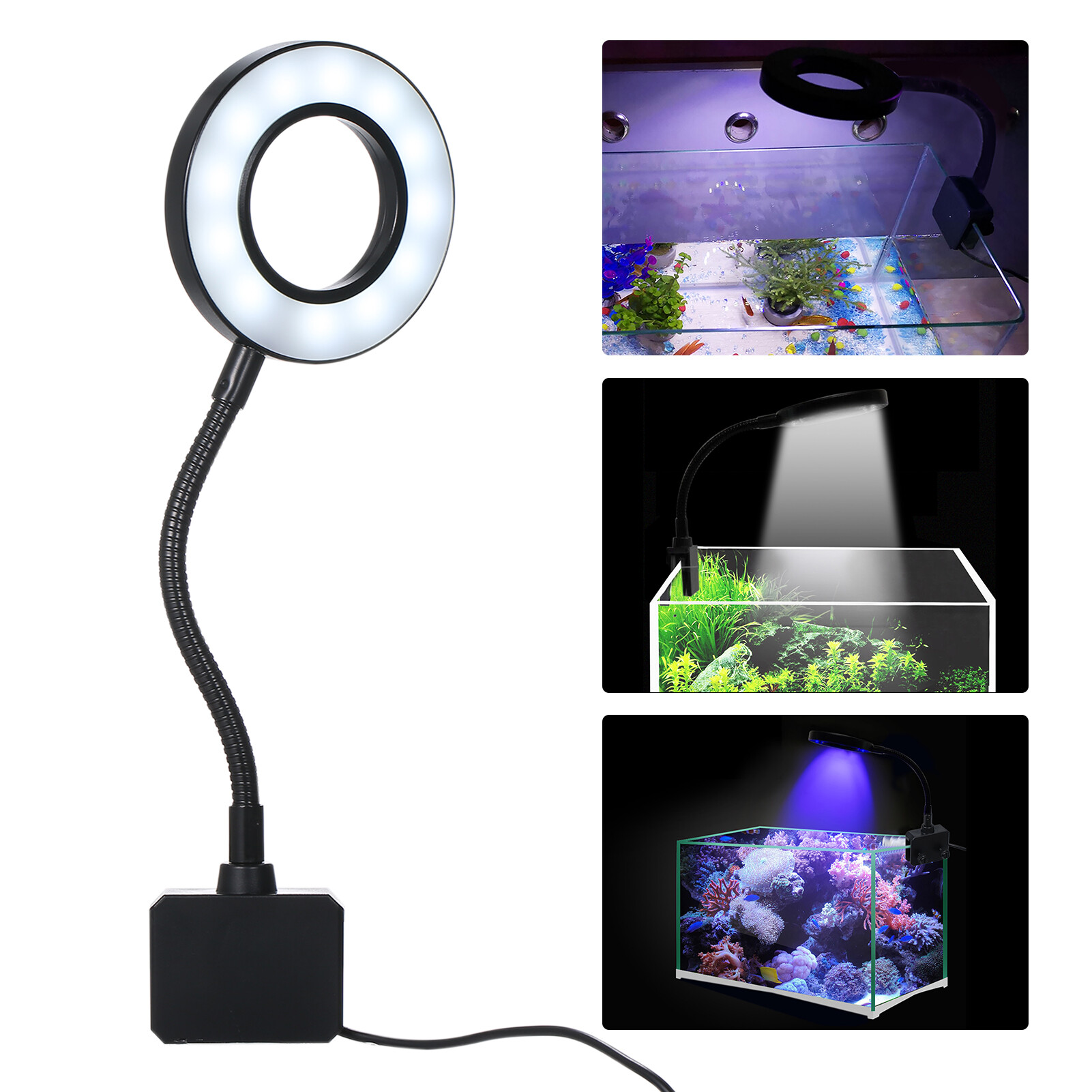 D C 5V 7W 18 LED Aquarium Light Fish Jar Clamp Clip View Lamp USB Powered Operated 3 Lighting Colors Changeable 10 Levels Adjustable Brightness Dimmable Flexible Bendable Foldable Tube Design Portable